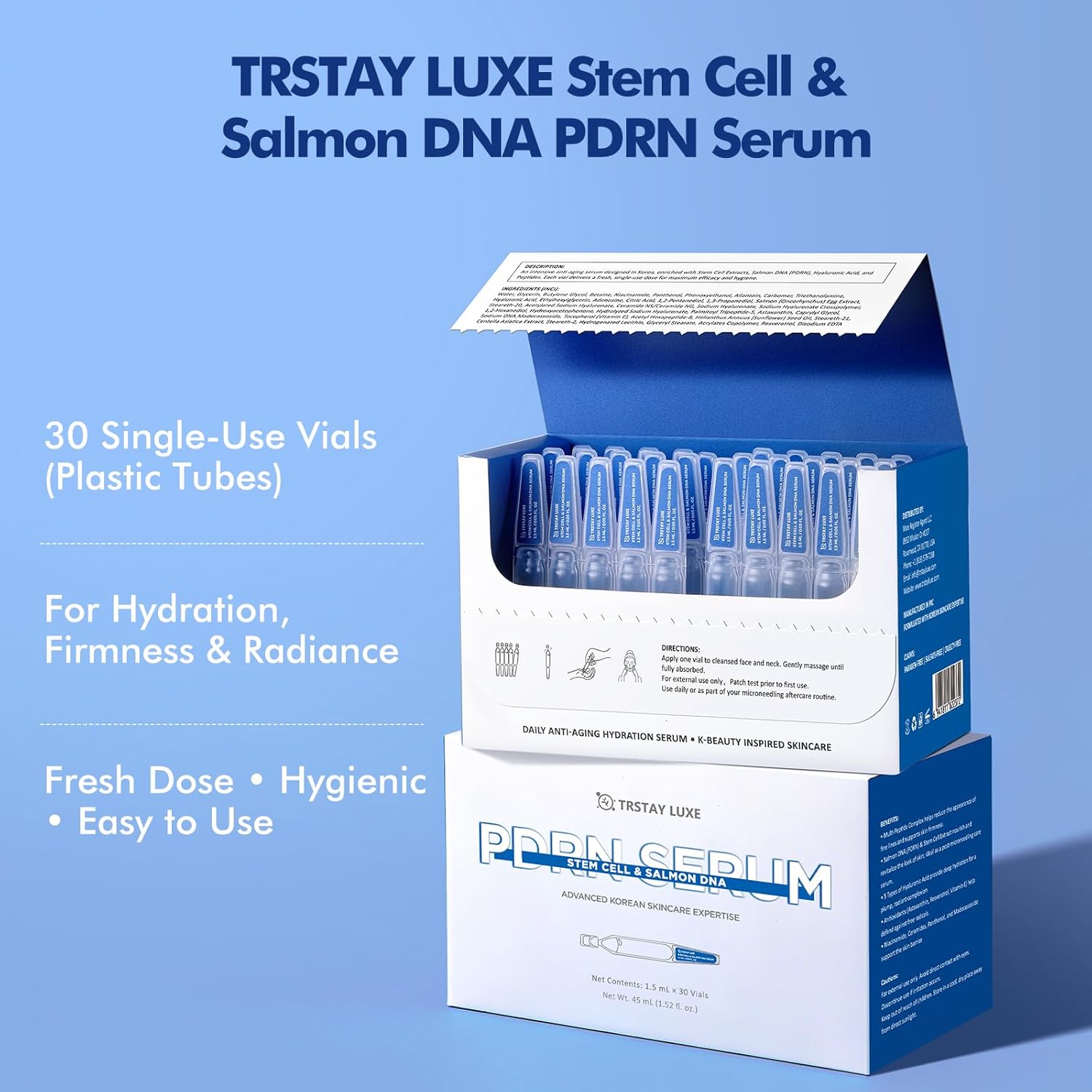 Stem Cell & Salmon DNA PDRN Serum – Microneedling Aftercare Anti-Aging Face Serum with Peptides & Hyaluronic Acid – 1.5 mL × 30 Vials, Korean Skincare Formula